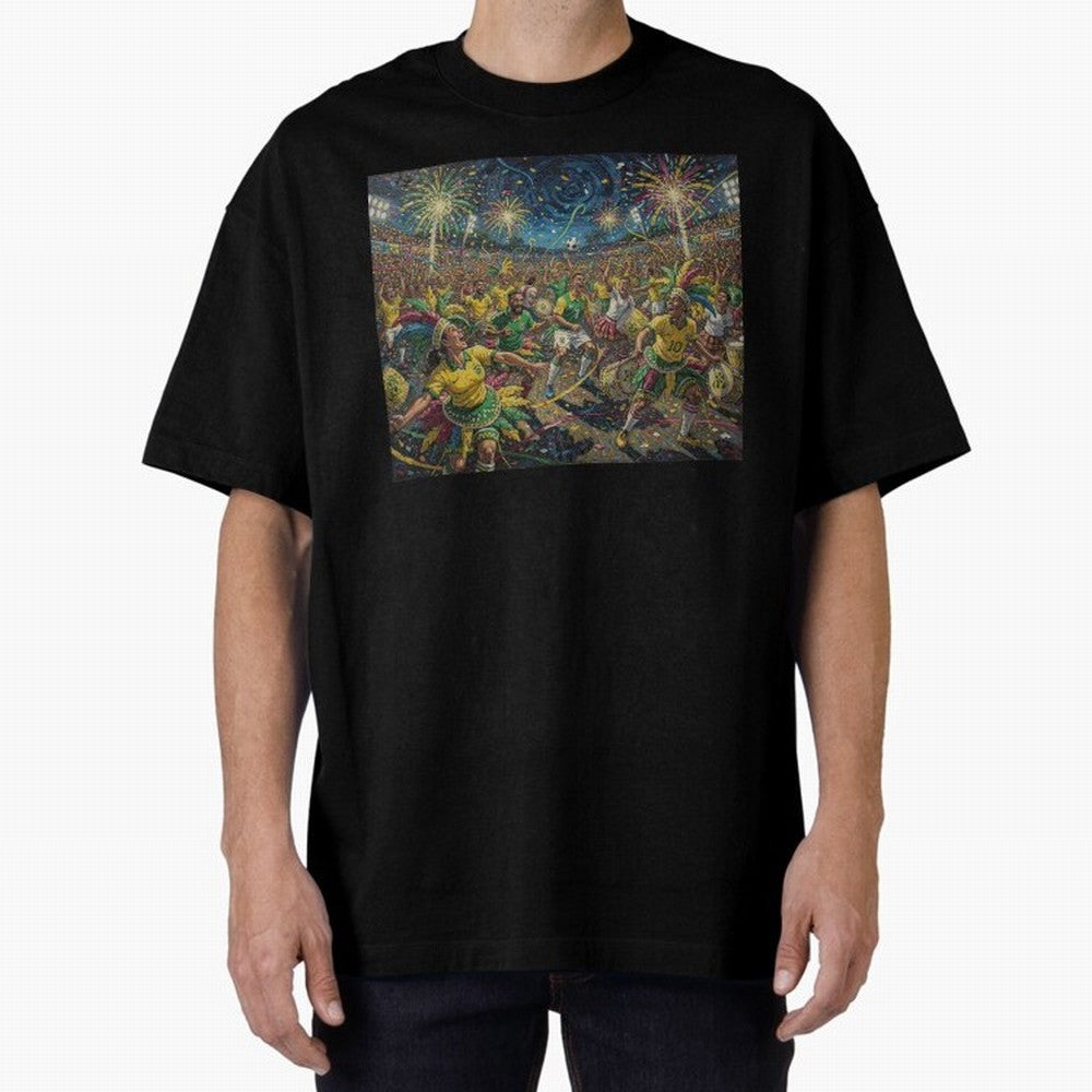 Celebration at Brazilian Football Match World Cup 2026 Vibes Oversized T-Shirt Back the Journey through FIFA World Cup 2026 Group Stage Spirit, Capturing Spain, Neymar, Retro Football Energy, Iconic Rivalries, Trophy Chase Drama and Stadium