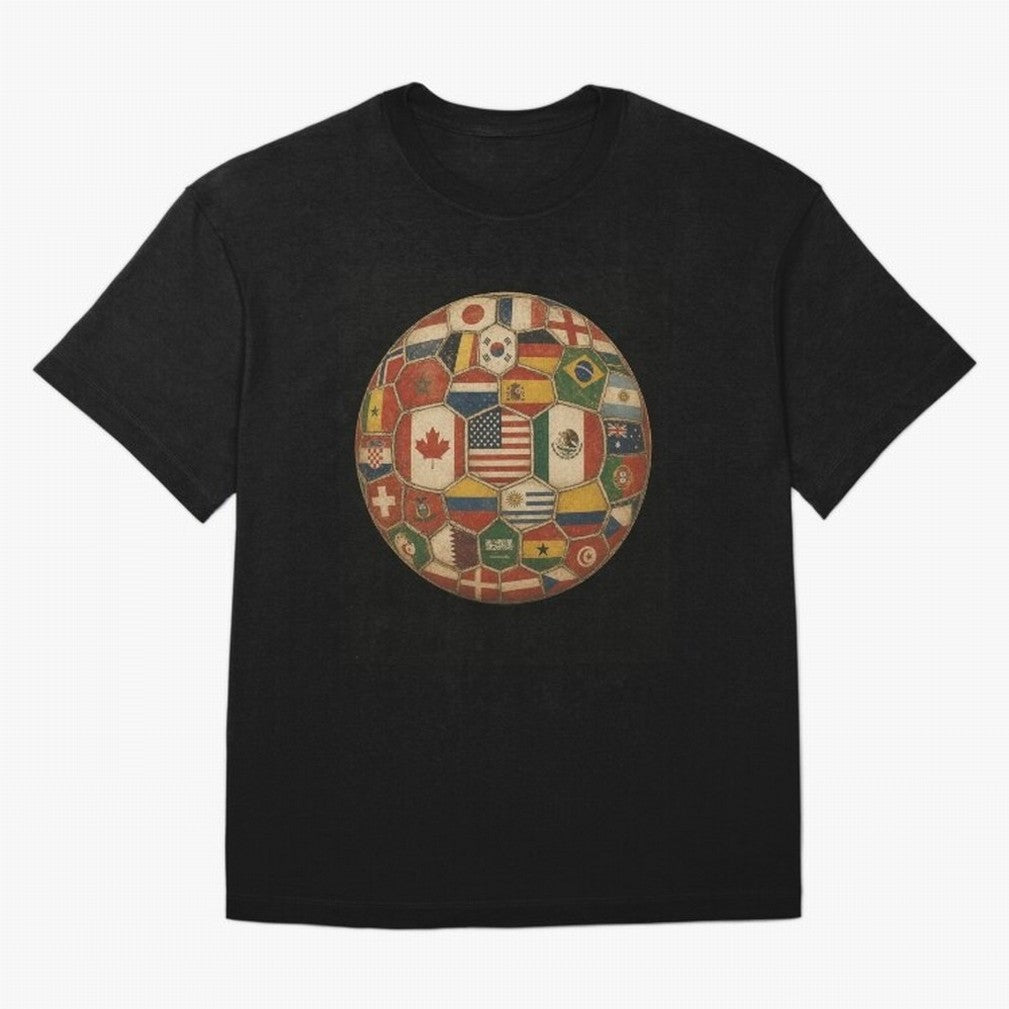 Vintage World Flags Soccer Ball,2026 International Football Graphic Gifts Tee Oversized T-Shirt Feel International Energy from FIFA World Cup 2026 USA Canada Mexico for Fans of Mbappe and Argentina, France and Brazil, Bringing Goal Celebration