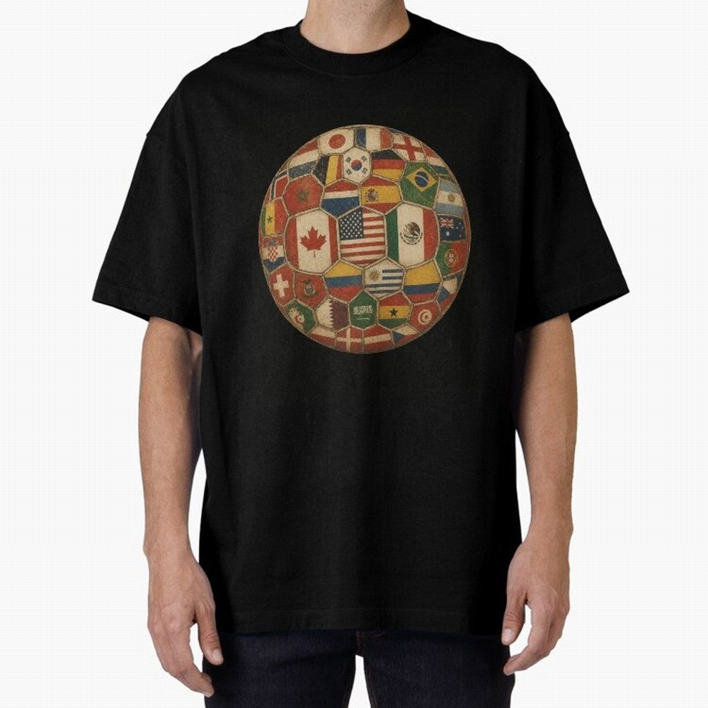 Vintage World Flags Soccer Ball,2026 International Football Graphic Gifts Tee Oversized T-Shirt Feel International Energy from FIFA World Cup 2026 USA Canada Mexico for Fans of Mbappe and Argentina, France and Brazil, Bringing Goal Celebration