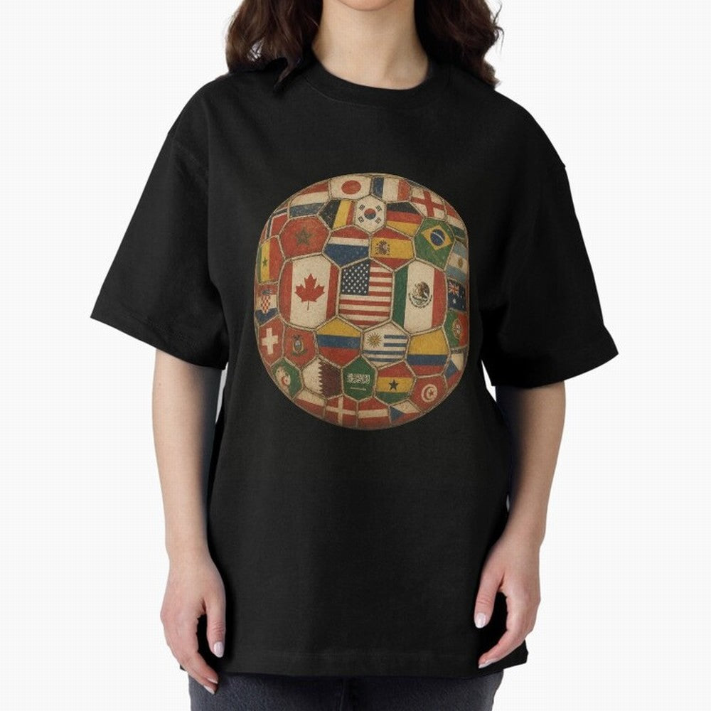 Vintage World Flags Soccer Ball,2026 International Football Graphic Gifts Tee Oversized T-Shirt Feel International Energy from FIFA World Cup 2026 USA Canada Mexico for Fans of Mbappe and Argentina, France and Brazil, Bringing Goal Celebration