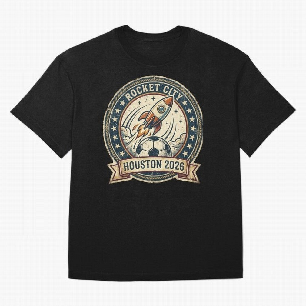 Houston 2026 World Cup Host City Vintage Football Badge ¡ª Rocket City Space Soccer Crest Design Oversized T-Shirt Unlock the FIFA World Cup 2026 Group Stage Journey through CR7 Highlights, England and Germany Pride, Champion Mindset, Group Stage