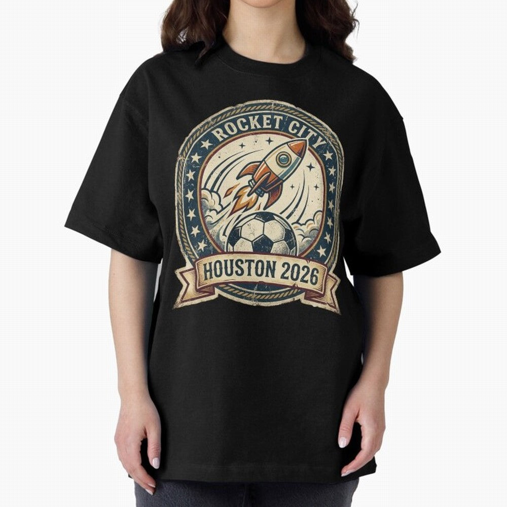 Houston 2026 World Cup Host City Vintage Football Badge ¡ª Rocket City Space Soccer Crest Design Oversized T-Shirt Unlock the FIFA World Cup 2026 Group Stage Journey through CR7 Highlights, England and Germany Pride, Champion Mindset, Group Stage