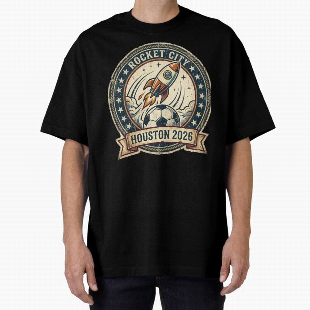Houston 2026 World Cup Host City Vintage Football Badge ¡ª Rocket City Space Soccer Crest Design Oversized T-Shirt Unlock the FIFA World Cup 2026 Group Stage Journey through CR7 Highlights, England and Germany Pride, Champion Mindset, Group Stage
