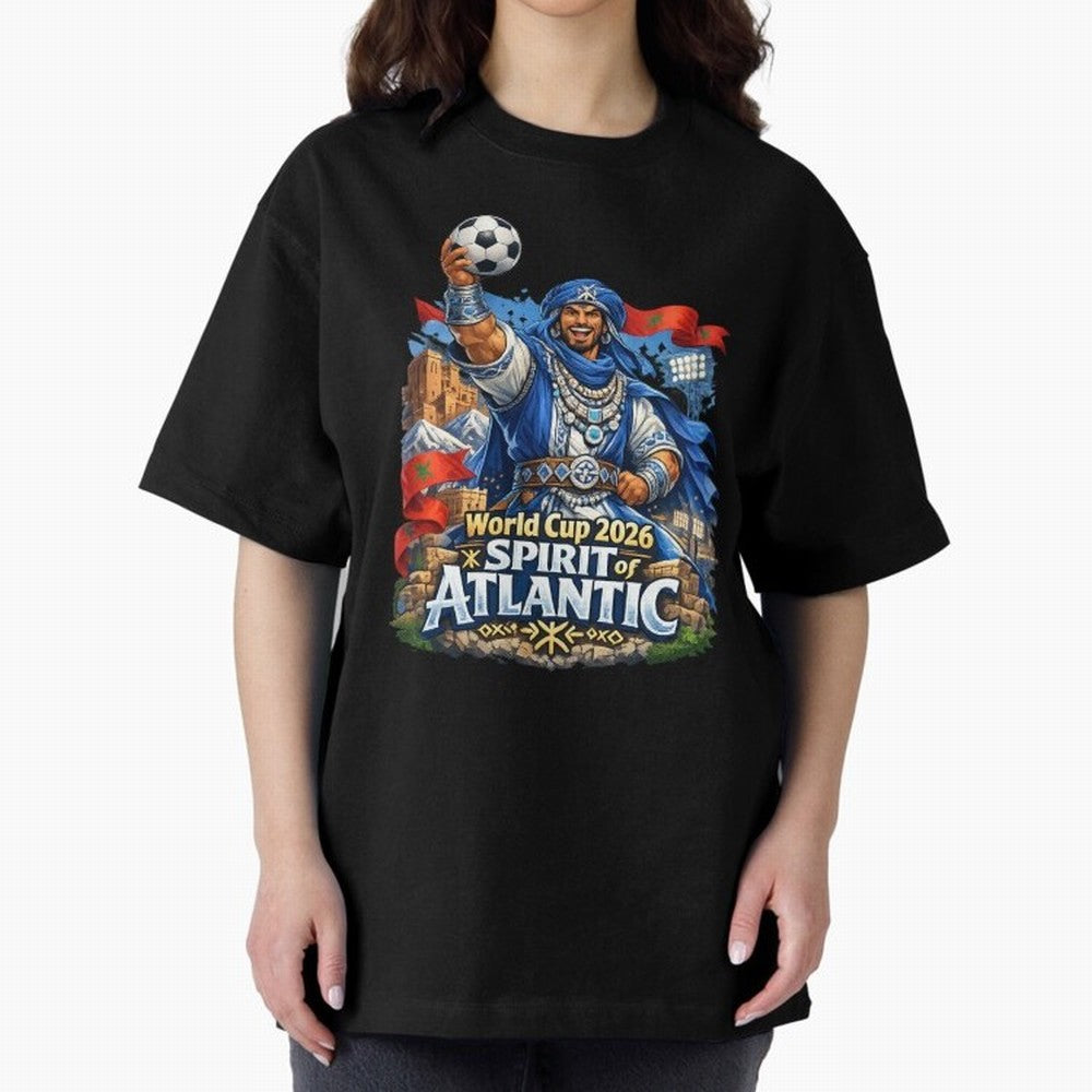 Moroccan World Cup 2026 Spirit of Atlantic Oversized T-Shirt Feel the Heartbeat of FIFA World Cup 2026 USA Canada Mexico Highlighting Messi, CR7 and Mbappe, Germany Energy, Football Festival Excitement, Trophy Ambitions, Country Rivalries and Star