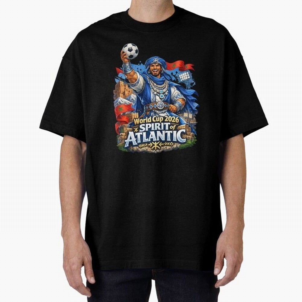 Moroccan World Cup 2026 Spirit of Atlantic Oversized T-Shirt Feel the Heartbeat of FIFA World Cup 2026 USA Canada Mexico Highlighting Messi, CR7 and Mbappe, Germany Energy, Football Festival Excitement, Trophy Ambitions, Country Rivalries and Star