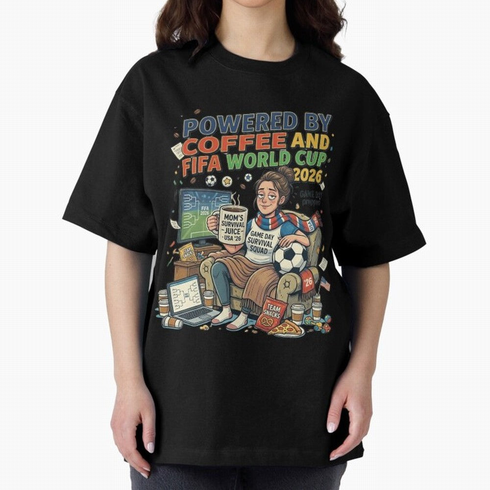 Soccer Mom Powered By Coffee And FIFA World Cup 2026 Funny USA Football Design Oversized T-Shirt Show Your Stadium Side during the FIFA World Cup 2026 Group Stage Journey through Haaland and Mbappe Highlights, Germany Pride, Sports Nostalgia,