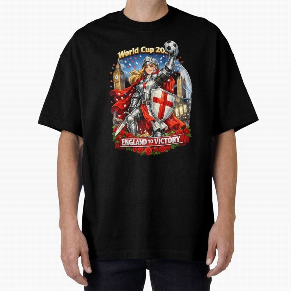 England To Victory Knight World Cup 2026 Oversized T-Shirt Turn Football Passion into Global Football Passion for FIFA World Cup 2026, Capturing Messi, CR7 and Mbappe, France and Portugal, Retro Football Energy, Iconic Rivalries, Trophy Chase Drama
