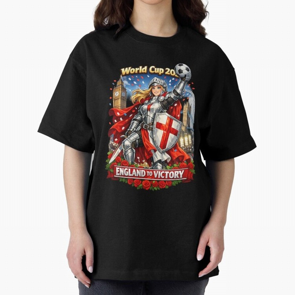 England To Victory Knight World Cup 2026 Oversized T-Shirt Turn Football Passion into Global Football Passion for FIFA World Cup 2026, Capturing Messi, CR7 and Mbappe, France and Portugal, Retro Football Energy, Iconic Rivalries, Trophy Chase Drama