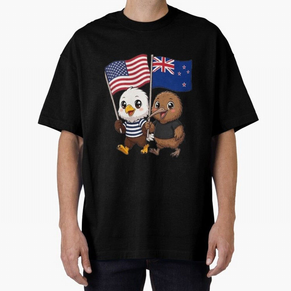 the American eagle and its friend the New Zealand kiwi Oversized T-Shirt Stand Out with Spirit from FIFA World Cup 2026 Group Stage for Fans of Messi, CR7 and Mbappe and England, Bringing Championship Spirit, Famous Goals, Roaring Crowds and
