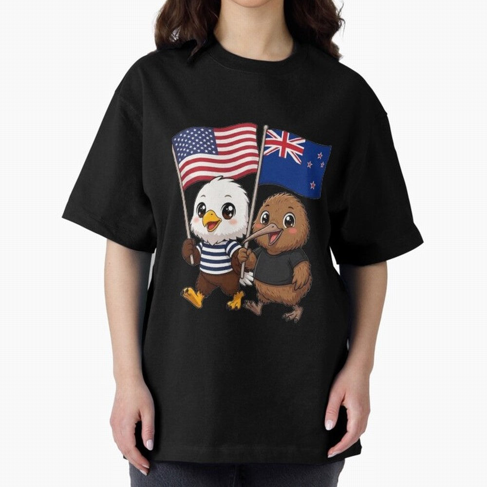 the American eagle and its friend the New Zealand kiwi Oversized T-Shirt Stand Out with Spirit from FIFA World Cup 2026 Group Stage for Fans of Messi, CR7 and Mbappe and England, Bringing Championship Spirit, Famous Goals, Roaring Crowds and
