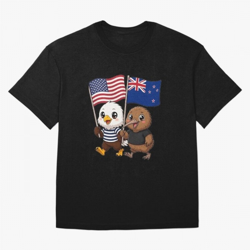 the American eagle and its friend the New Zealand kiwi Oversized T-Shirt Stand Out with Spirit from FIFA World Cup 2026 Group Stage for Fans of Messi, CR7 and Mbappe and England, Bringing Championship Spirit, Famous Goals, Roaring Crowds and