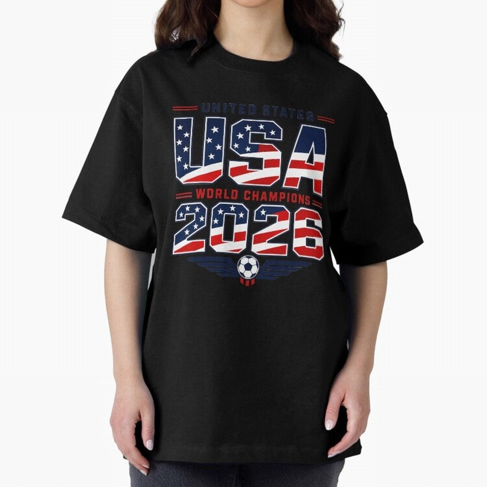 USA World Champions 2026 ¨C Patriotic Soccer Fan Shirt Oversized T-Shirt Bring Retro Soccer Energy to Global Football Passion for FIFA World Cup 2026, with Neymar, Haaland and Cristiano Ronaldo, Spain and Netherlands, Retro Football Energy, Iconic