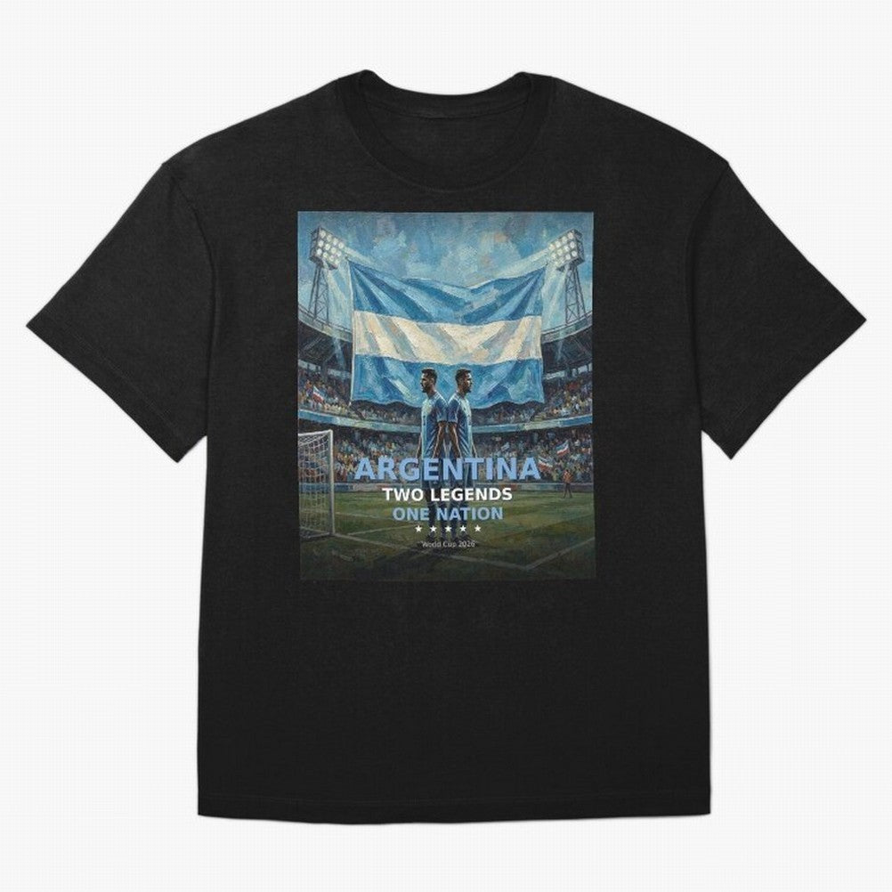 Argentina Two Legends One Nation - World Cup 2026 Soccer Fan Tee Oversized T-Shirt Share the Excitement of Global Football Passion for FIFA World Cup 2026, Celebrating Mbappe, Brazil, Portugal and Argentina, Soccer Culture, Superstar Moments,