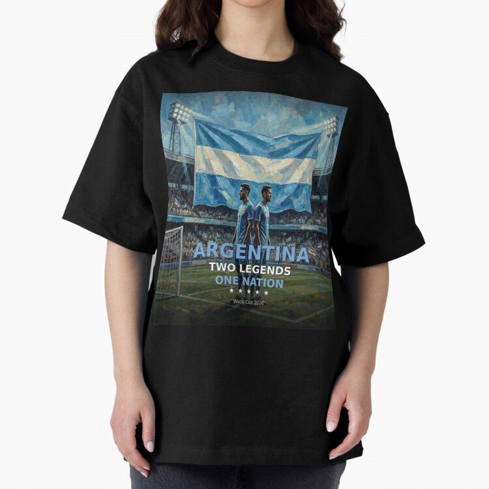 Argentina Two Legends One Nation - World Cup 2026 Soccer Fan Tee Oversized T-Shirt Share the Excitement of Global Football Passion for FIFA World Cup 2026, Celebrating Mbappe, Brazil, Portugal and Argentina, Soccer Culture, Superstar Moments,