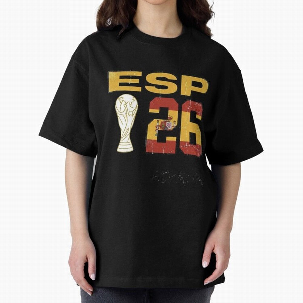 Spain Football World Cup 2026 - Vintage ESP 26 Flag Design Oversized T-Shirt Step into Global Football Passion for FIFA World Cup 2026 Group Stage, Capturing Messi, Neymar and Mbappe, Spain and Netherlands, Game Day Rituals, Football Legends,