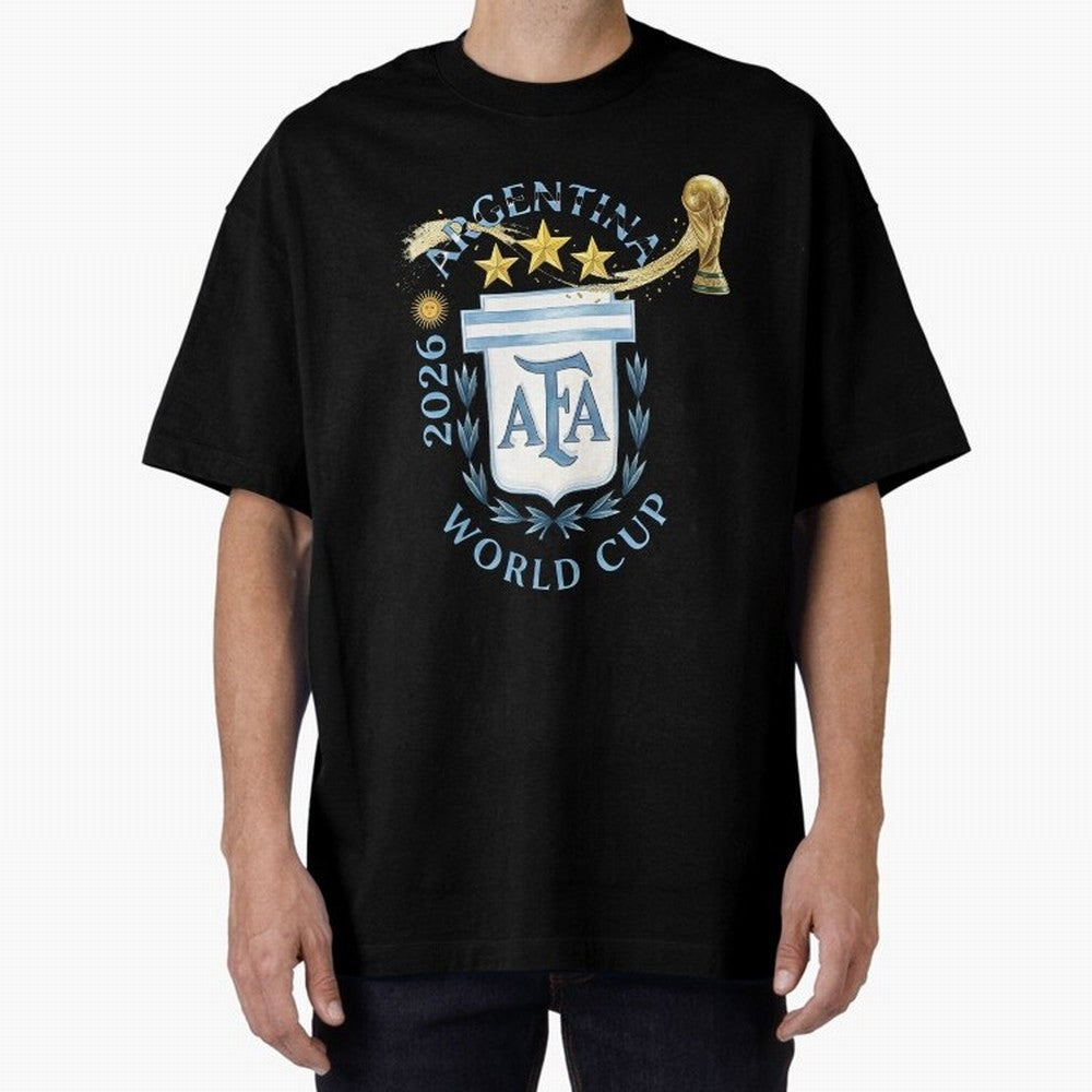 Argentina Football Champion World Cup 2026 - Gold Stars Watercolor Oversized T-Shirt Represent Match Day Hype around FIFA World Cup 2026 USA Canada Mexico, Haaland and Mbappe, Netherlands, Classic Soccer Heritage, Championship Pressure, Fan Loyalty