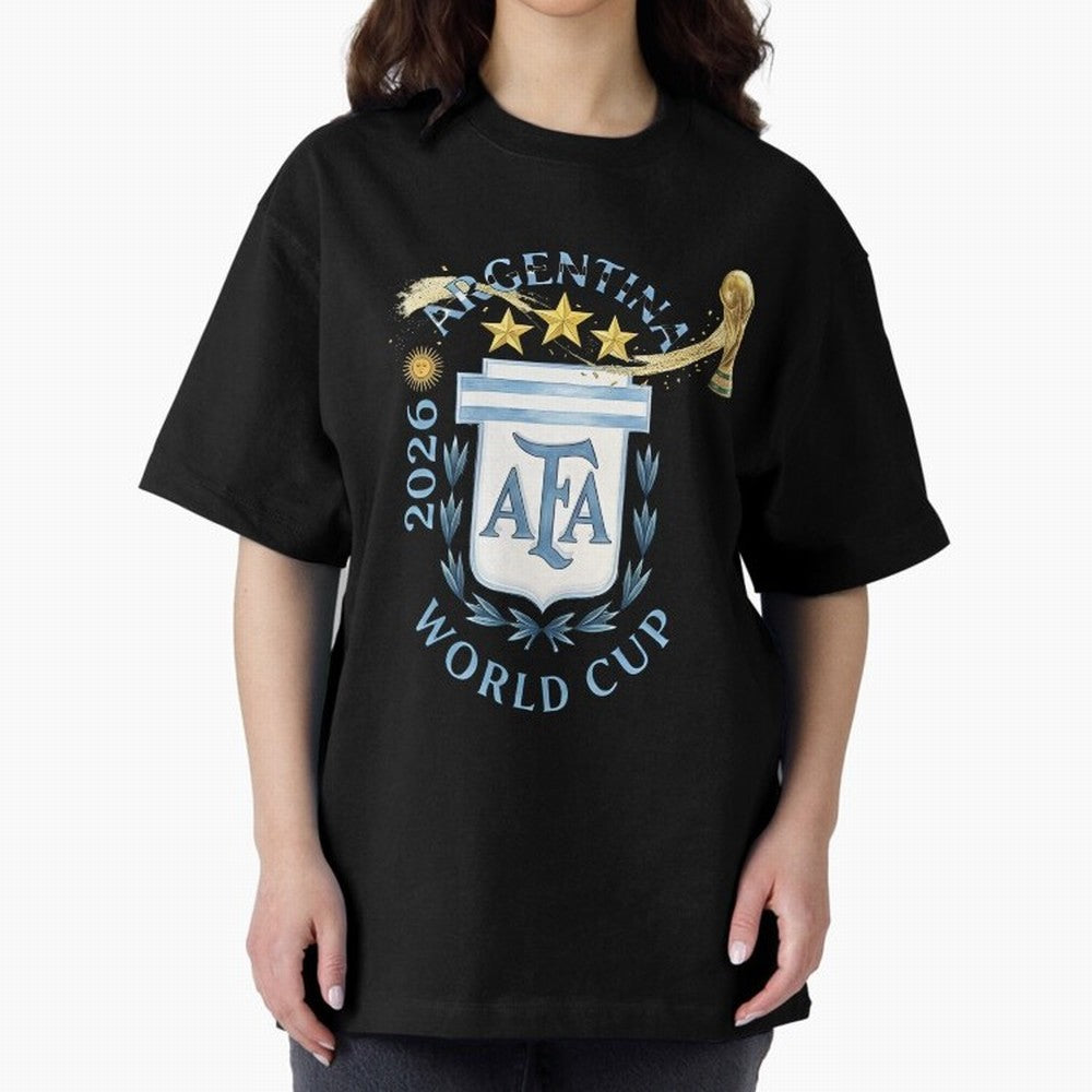 Argentina Football Champion World Cup 2026 - Gold Stars Watercolor Oversized T-Shirt Represent Match Day Hype around FIFA World Cup 2026 USA Canada Mexico, Haaland and Mbappe, Netherlands, Classic Soccer Heritage, Championship Pressure, Fan Loyalty