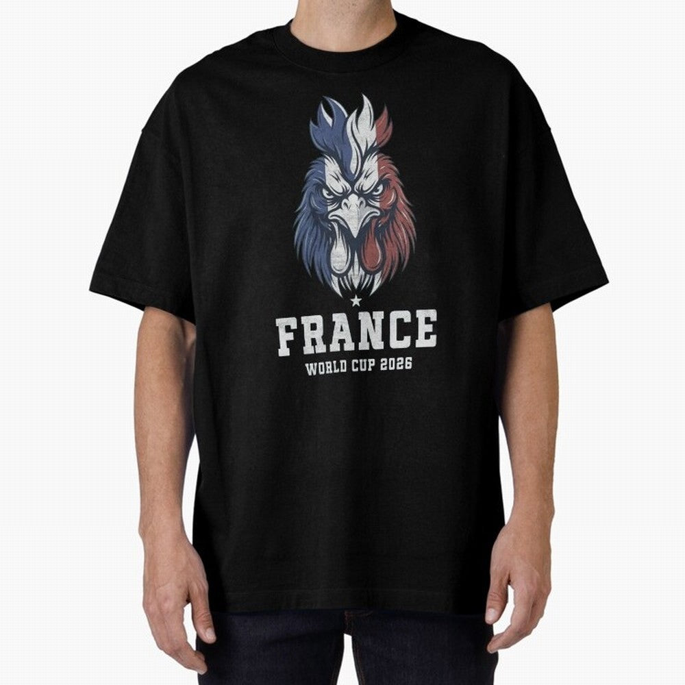France Football World Cup 2026 Rooster Mascot Art Oversized T-Shirt Show Championship Spirit for FIFA World Cup 2026 Group Stage Featuring Mbappe, France Energy, Worldwide Fan Energy, Dramatic Goals, Stadium Lights and Championship Celebrations;
