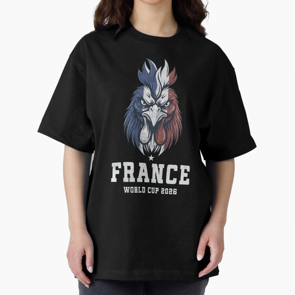 France Football World Cup 2026 Rooster Mascot Art Oversized T-Shirt Show Championship Spirit for FIFA World Cup 2026 Group Stage Featuring Mbappe, France Energy, Worldwide Fan Energy, Dramatic Goals, Stadium Lights and Championship Celebrations;