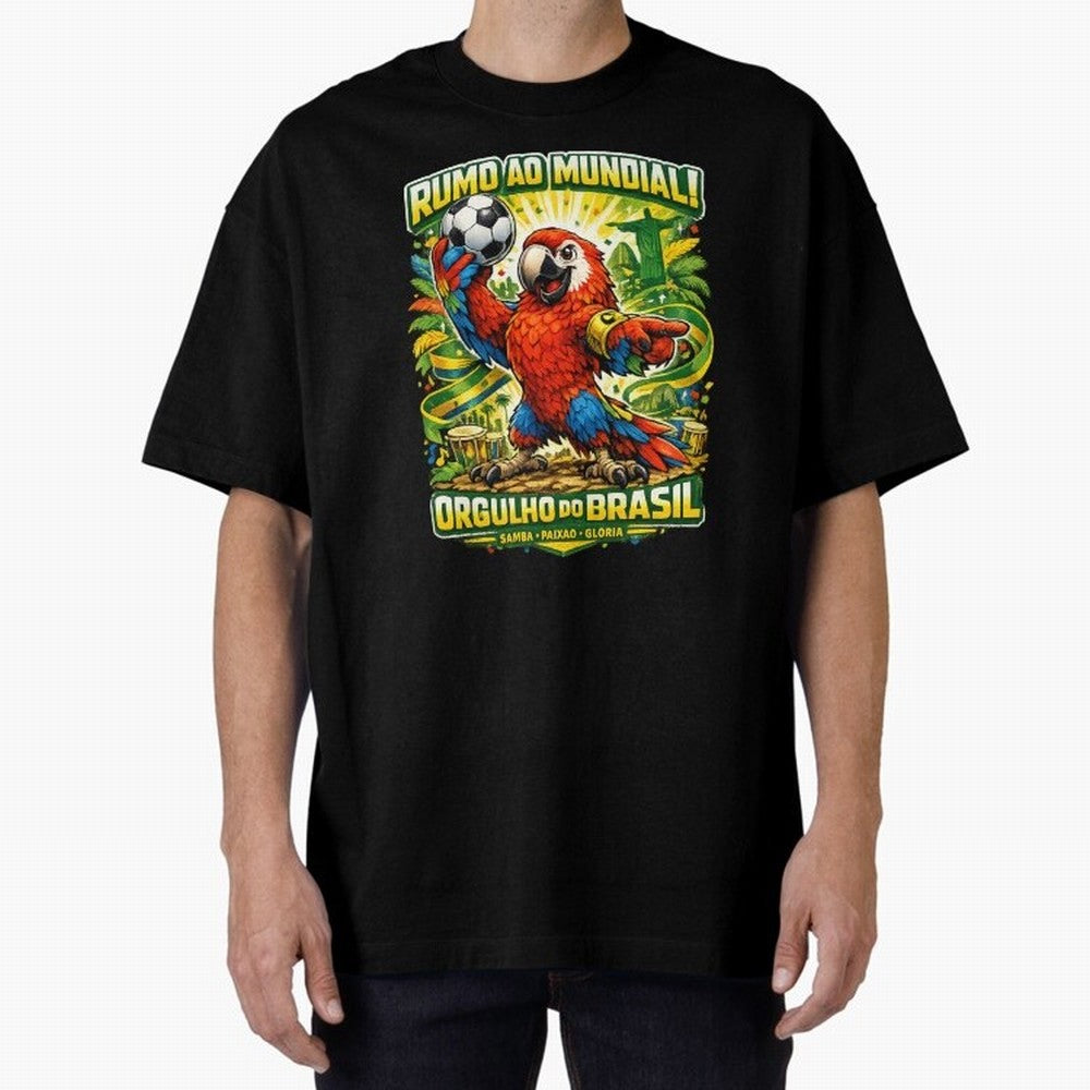 Brazil World Cup 2026 Macaw Fan Art Oversized T-Shirt Upgrade FIFA World Cup 2026 USA Canada Mexico Capturing Haaland and Mbappe, Spain and Netherlands Energy, Retro Football Energy, Iconic Rivalries, Trophy Chase Drama and Stadium Atmosphere;