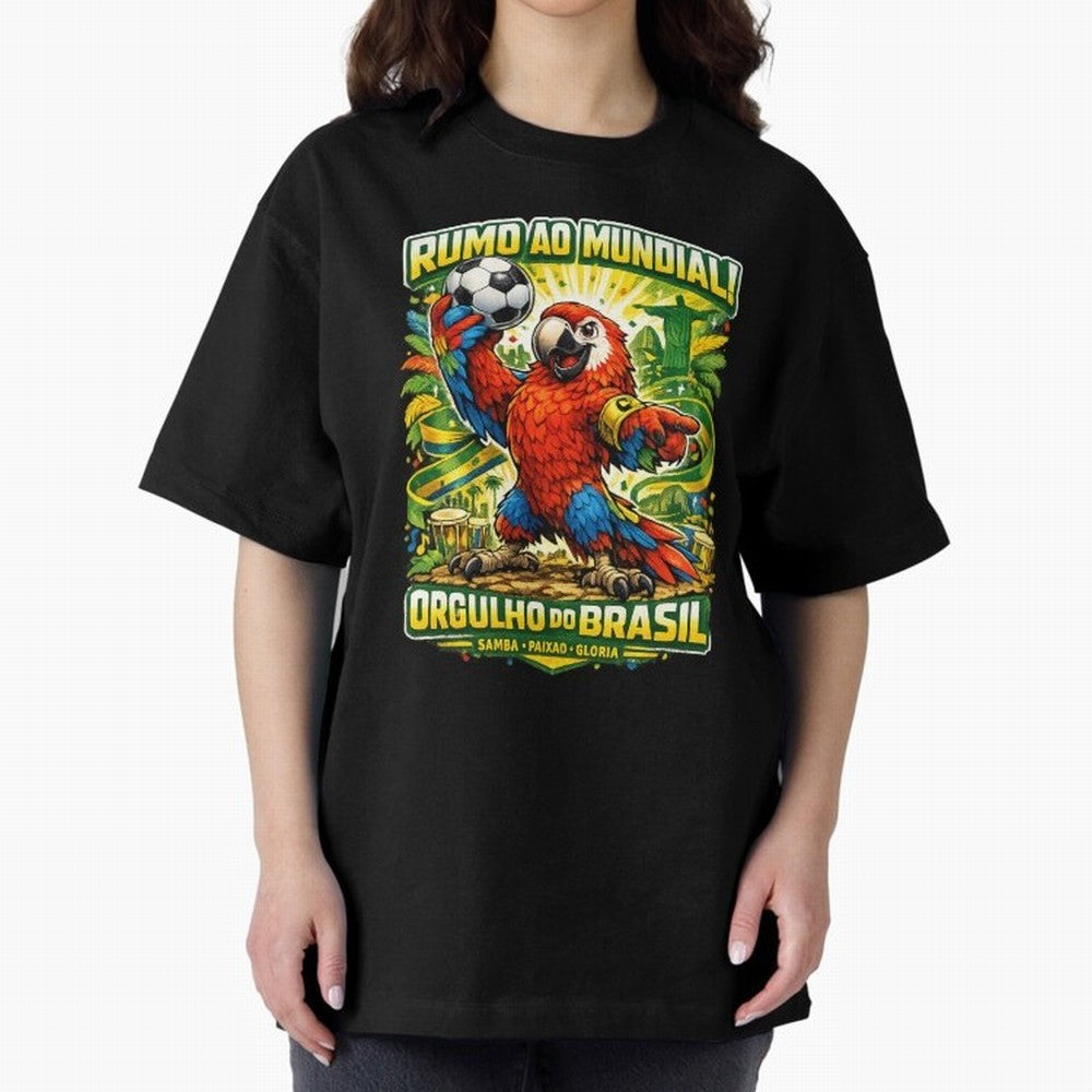 Brazil World Cup 2026 Macaw Fan Art Oversized T-Shirt Upgrade FIFA World Cup 2026 USA Canada Mexico Capturing Haaland and Mbappe, Spain and Netherlands Energy, Retro Football Energy, Iconic Rivalries, Trophy Chase Drama and Stadium Atmosphere;