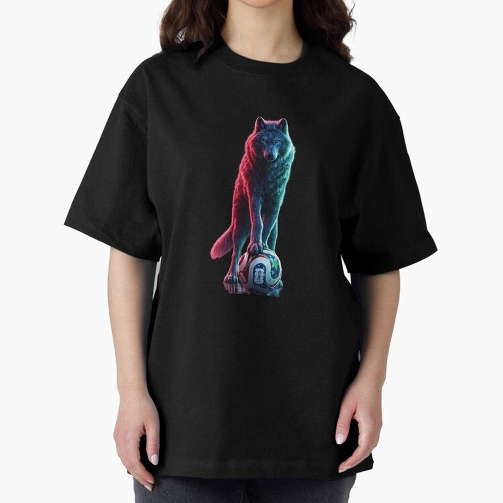 Neon Alpha Wolf with Soccer Ball | Futuristic Sports Fantasy Art Oversized T-Shirt Bring Bold Fan Energy to FIFA World Cup 2026 Group Stage Spirit, Connected to England, France and Netherlands, Mbappe and Neymar, Championship Spirit, Famous Goals,