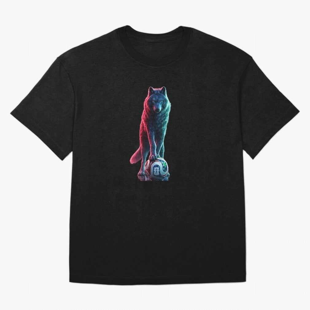 Neon Alpha Wolf with Soccer Ball | Futuristic Sports Fantasy Art Oversized T-Shirt Bring Bold Fan Energy to FIFA World Cup 2026 Group Stage Spirit, Connected to England, France and Netherlands, Mbappe and Neymar, Championship Spirit, Famous Goals,
