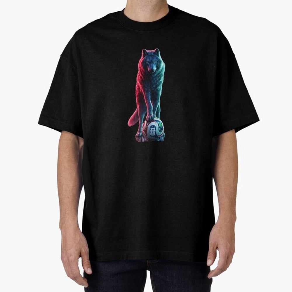 Neon Alpha Wolf with Soccer Ball | Futuristic Sports Fantasy Art Oversized T-Shirt Bring Bold Fan Energy to FIFA World Cup 2026 Group Stage Spirit, Connected to England, France and Netherlands, Mbappe and Neymar, Championship Spirit, Famous Goals,