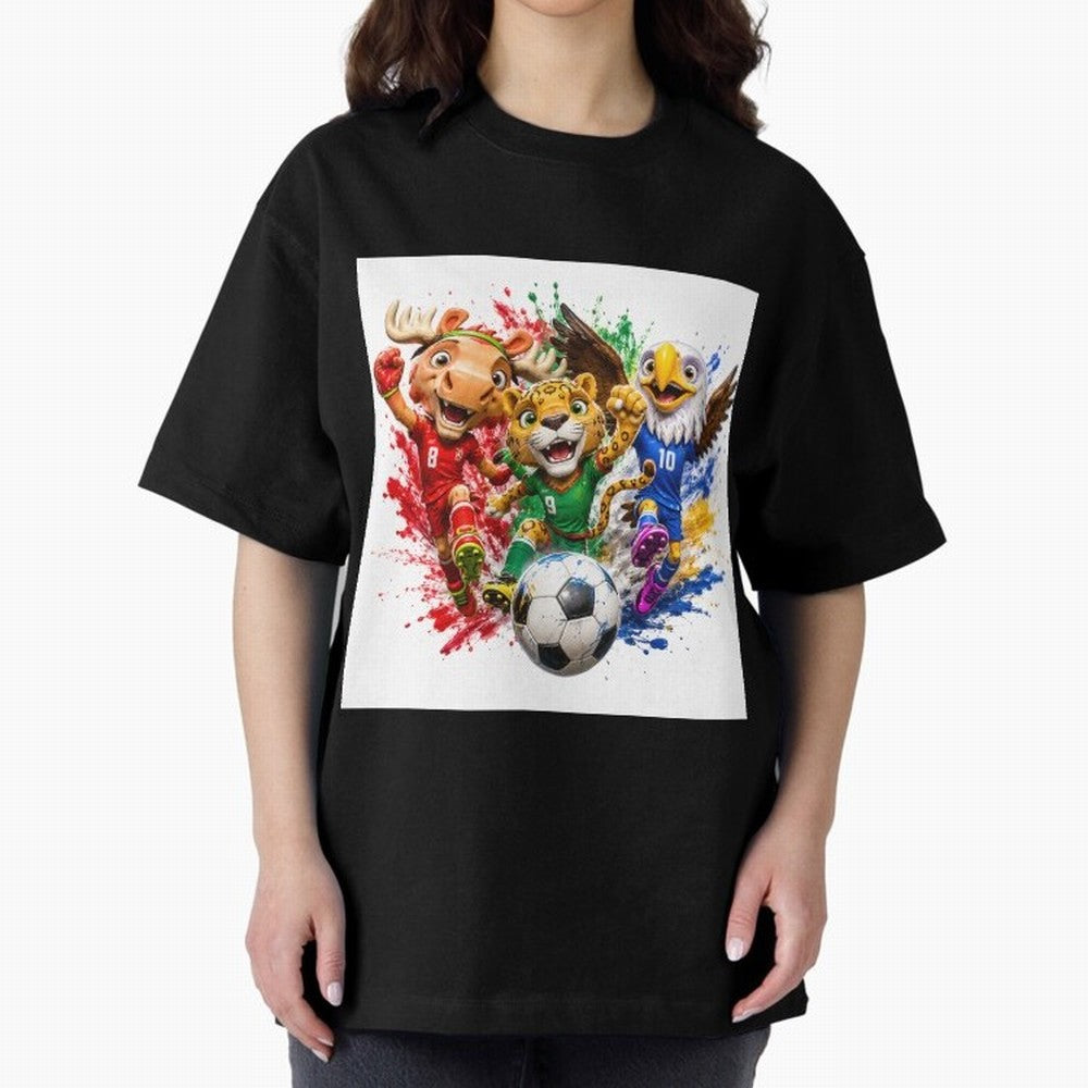 World Football Mascots ¨C Ultimate Soccer Fan Cartoon Design Oversized T-Shirt Celebrate Football Heritage in Global Football Passion for FIFA World Cup 2026 USA Canada Mexico, with Cristiano Ronaldo, Haaland and CR7, Spain, Worldwide Fan Energy,