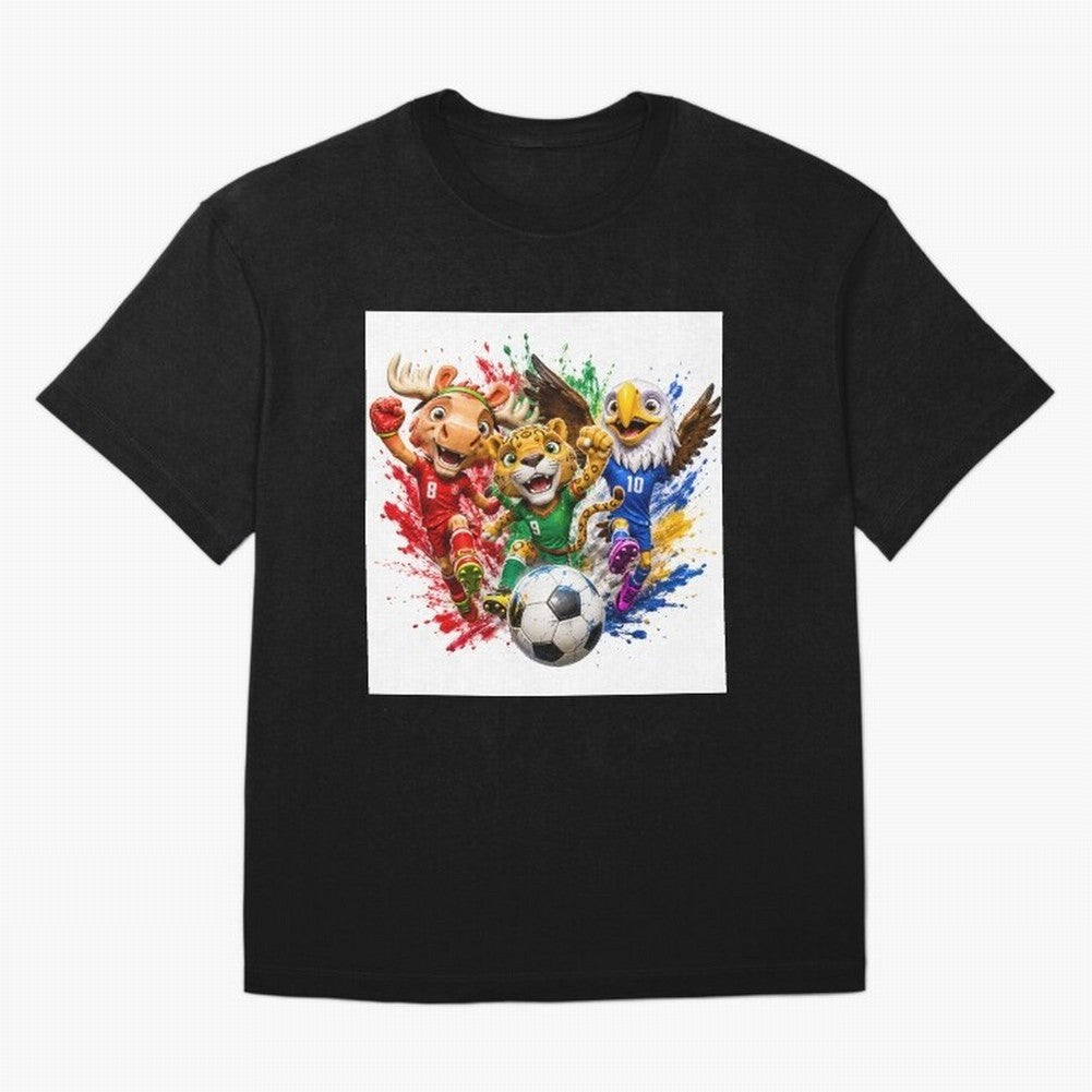 World Football Mascots ¨C Ultimate Soccer Fan Cartoon Design Oversized T-Shirt Celebrate Football Heritage in Global Football Passion for FIFA World Cup 2026 USA Canada Mexico, with Cristiano Ronaldo, Haaland and CR7, Spain, Worldwide Fan Energy,