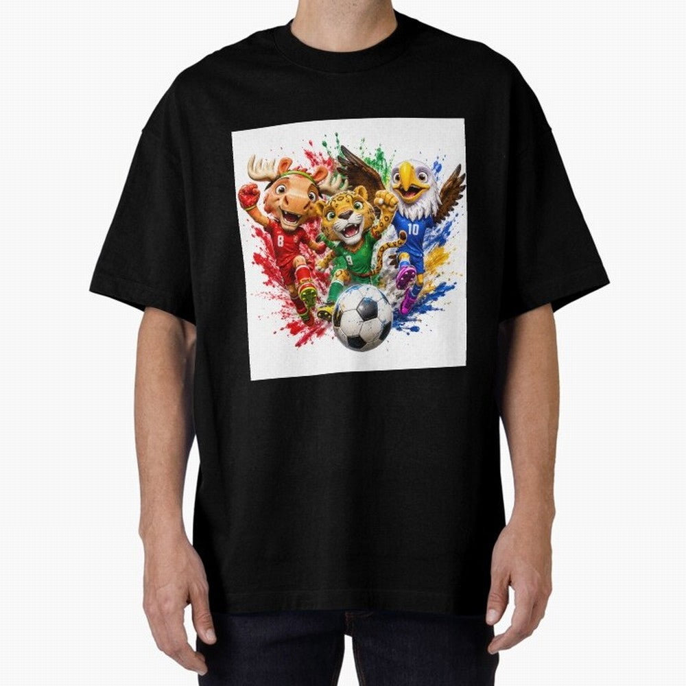 World Football Mascots ¨C Ultimate Soccer Fan Cartoon Design Oversized T-Shirt Celebrate Football Heritage in Global Football Passion for FIFA World Cup 2026 USA Canada Mexico, with Cristiano Ronaldo, Haaland and CR7, Spain, Worldwide Fan Energy,