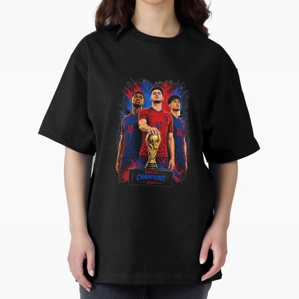 Dream Champions 2026 Football Streetwear Design | Trophy Graphic Tee Oversized T-Shirt Back Your Heroes with Match Day Hype around FIFA World Cup 2026, Mbappe, Portugal, Football History, Final Match Energy, Crowd Noise and Once in a Lifetime