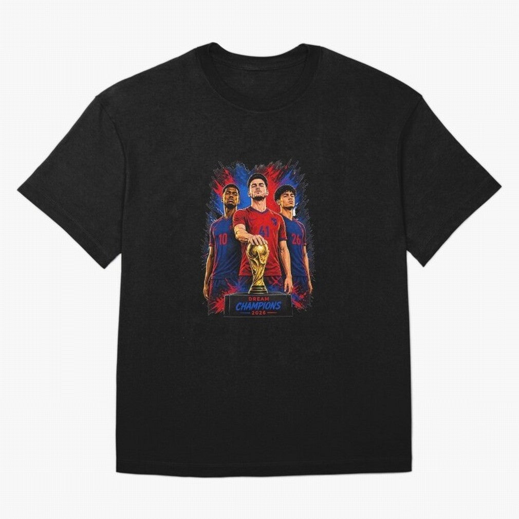 Dream Champions 2026 Football Streetwear Design | Trophy Graphic Tee Oversized T-Shirt Back Your Heroes with Match Day Hype around FIFA World Cup 2026, Mbappe, Portugal, Football History, Final Match Energy, Crowd Noise and Once in a Lifetime