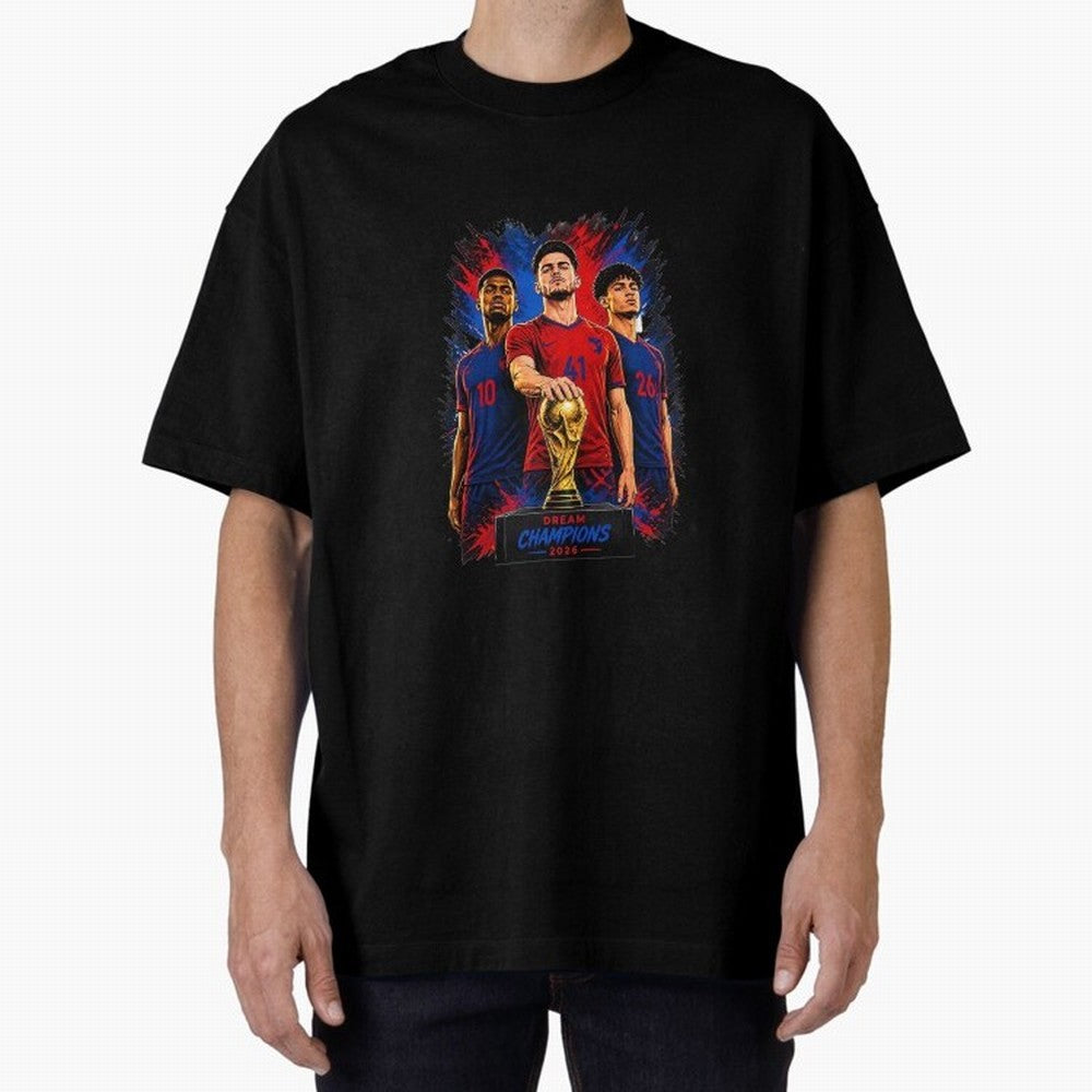 Dream Champions 2026 Football Streetwear Design | Trophy Graphic Tee Oversized T-Shirt Back Your Heroes with Match Day Hype around FIFA World Cup 2026, Mbappe, Portugal, Football History, Final Match Energy, Crowd Noise and Once in a Lifetime