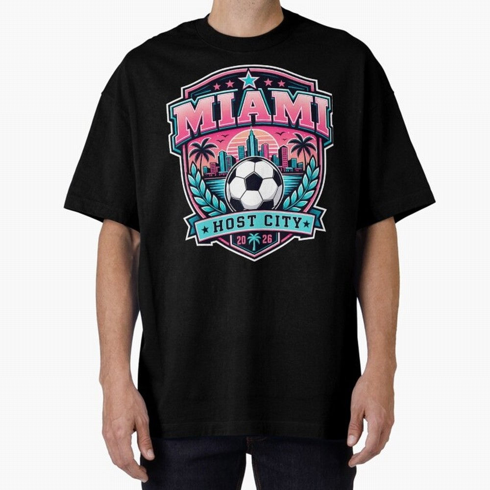 Miami 2026 Host City Emblem Soccer Football Events Oversized T-Shirt Cheer through Every Moment of Global Football Passion for FIFA World Cup 2026 Group Stage, Centered on Messi and Cristiano Ronaldo, Spain and Netherlands, Global Supporter Spirit,