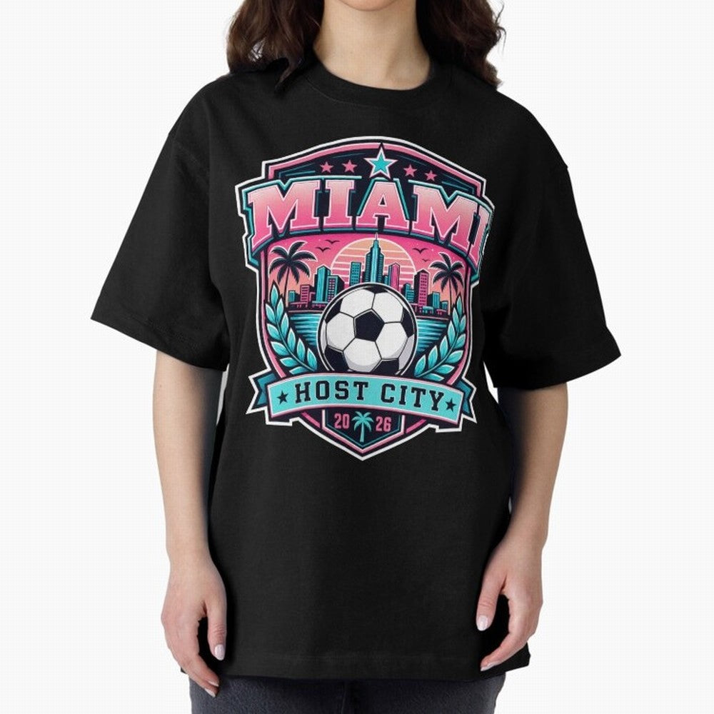 Miami 2026 Host City Emblem Soccer Football Events Oversized T-Shirt Cheer through Every Moment of Global Football Passion for FIFA World Cup 2026 Group Stage, Centered on Messi and Cristiano Ronaldo, Spain and Netherlands, Global Supporter Spirit,