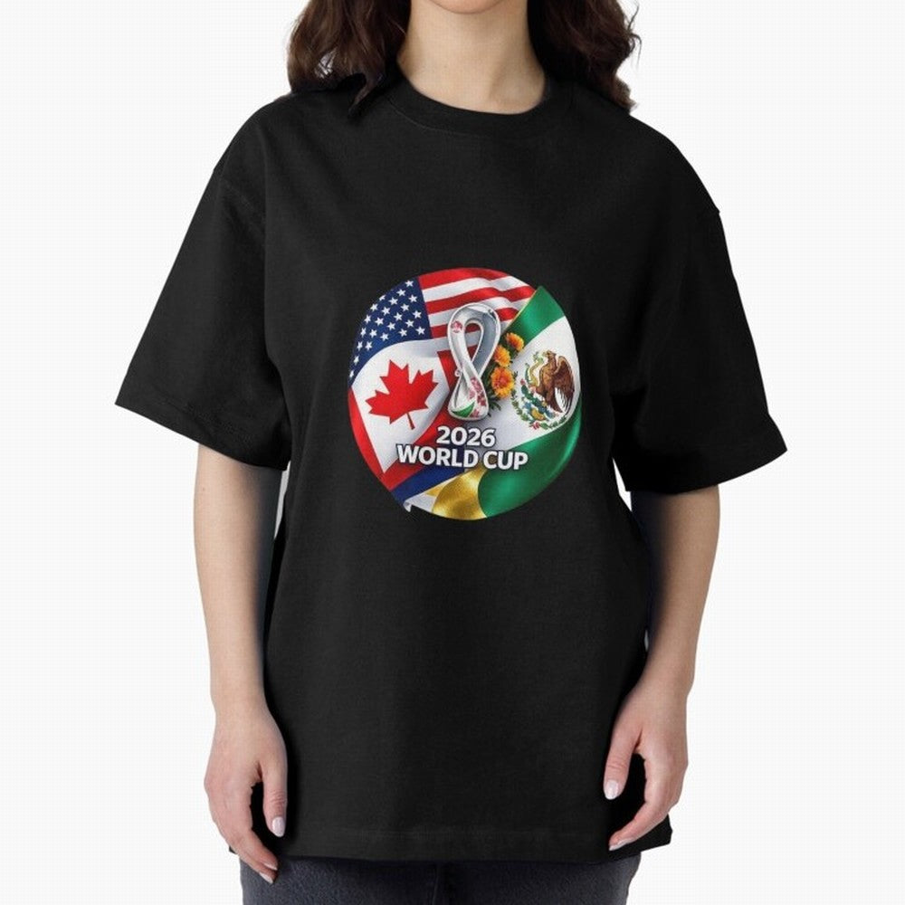 Host Trio Flags Circular Emblem Oversized T-Shirt Bring Legendary Rivalry Energy to Match Day Hype around FIFA World Cup 2026 USA Canada Mexico, Messi and Cristiano Ronaldo, Netherlands, Tournament Hype, Historic Matchups, Family Viewing Parties