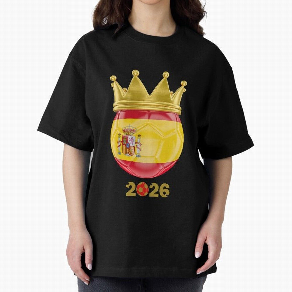 Spain Football Champion Crown 2026 Oversized T-Shirt Bring Match Day Fire to FIFA World Cup 2026 USA Canada Mexico for Fans of Cristiano Ronaldo and Spain, Bringing Football Festival Excitement, Trophy Ambitions, Country Rivalries and Star Player