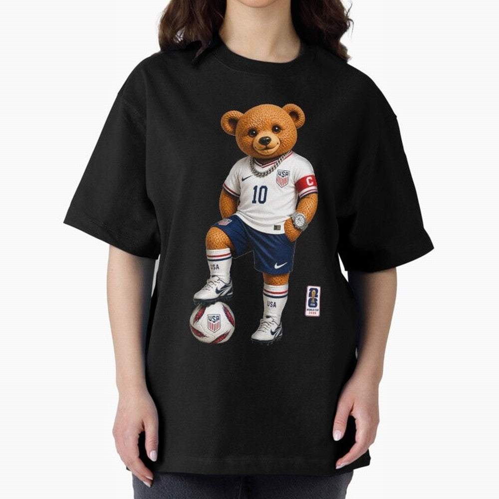 USA Soccer Bear World Cup 2026 Teddy Bear Oversized T-Shirt Support Your Favorite Stars during the FIFA World Cup 2026 Group Stage Journey through CR7 and Messi Highlights, Portugal, Spain and Germany Pride, Worldwide Fan Energy, Dramatic Goals,