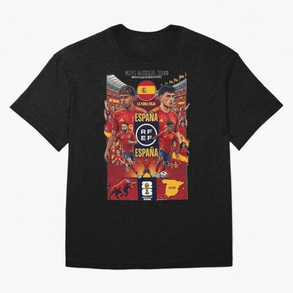 Spain 2026 ¨C La Furia Roja World Cup Poster Oversized T-Shirt Keep the Legacy of FIFA World Cup 2026 Group Stage Spirit, Built around Portugal, Mbappe and Neymar, Worldwide Fan Energy, Dramatic Goals, Stadium Lights and Championship Celebrations;