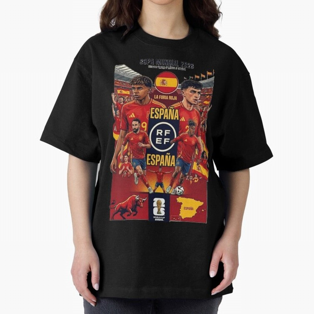 Spain 2026 ¨C La Furia Roja World Cup Poster Oversized T-Shirt Keep the Legacy of FIFA World Cup 2026 Group Stage Spirit, Built around Portugal, Mbappe and Neymar, Worldwide Fan Energy, Dramatic Goals, Stadium Lights and Championship Celebrations;