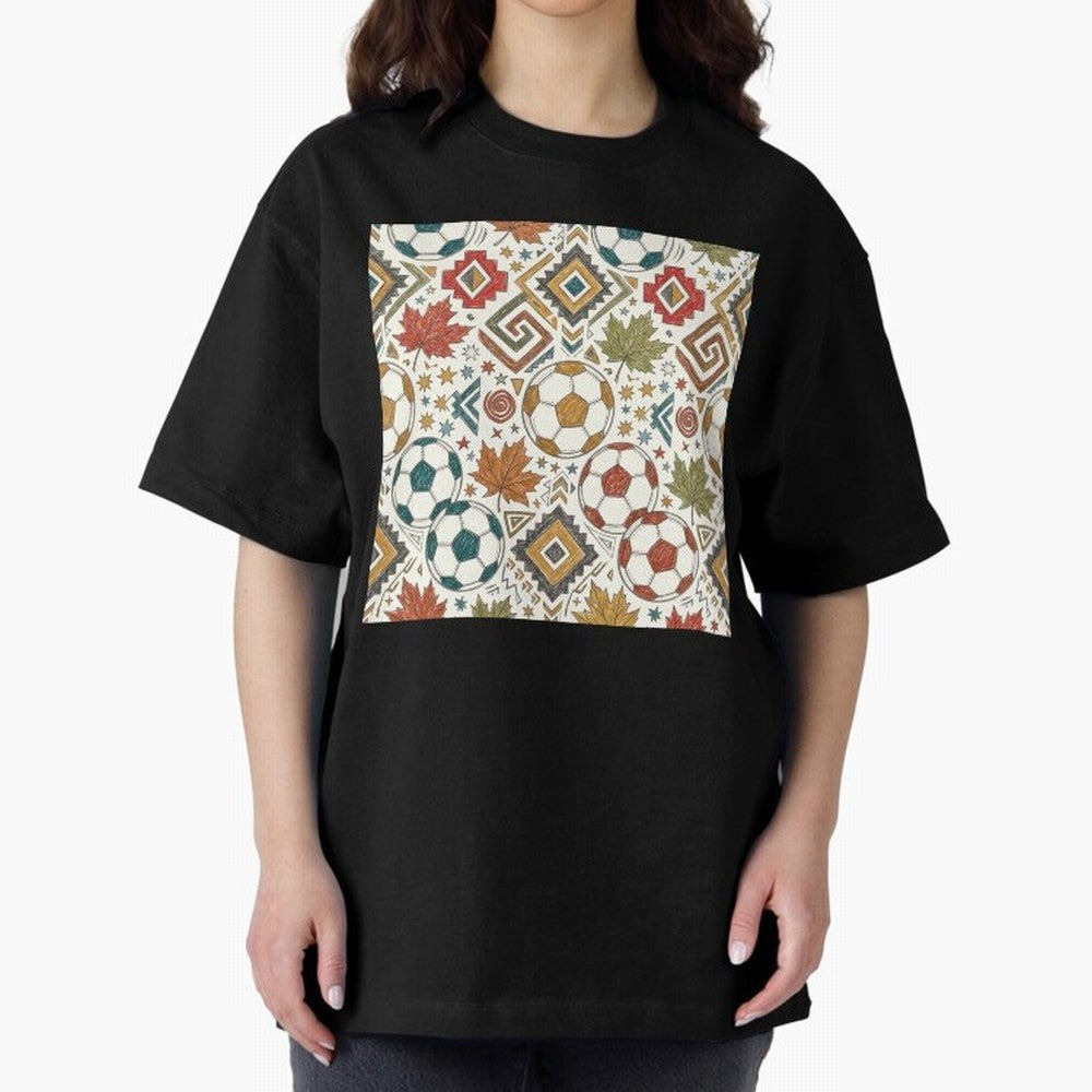 2026 World Cup Unity: Aztec & Maple Soccer Pattern Oversized T-Shirt Share FIFA World Cup 2026 Group Stage Connected to Haaland and Mbappe, Argentina and Brazil Energy, Worldwide Fan Energy, Dramatic Goals, Stadium Lights and Championship