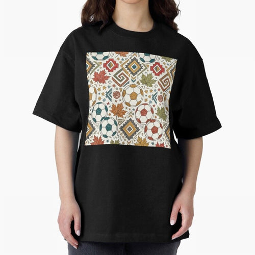 2026 World Cup Unity: Aztec & Maple Soccer Pattern Oversized T-Shirt Share FIFA World Cup 2026 Group Stage Connected to Haaland and Mbappe, Argentina and Brazil Energy, Worldwide Fan Energy, Dramatic Goals, Stadium Lights and Championship