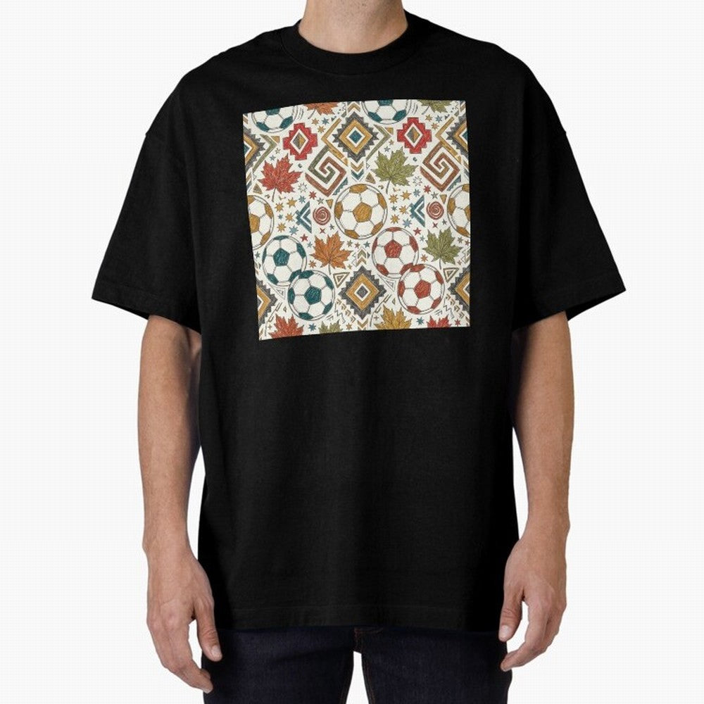 2026 World Cup Unity: Aztec & Maple Soccer Pattern Oversized T-Shirt Share FIFA World Cup 2026 Group Stage Connected to Haaland and Mbappe, Argentina and Brazil Energy, Worldwide Fan Energy, Dramatic Goals, Stadium Lights and Championship