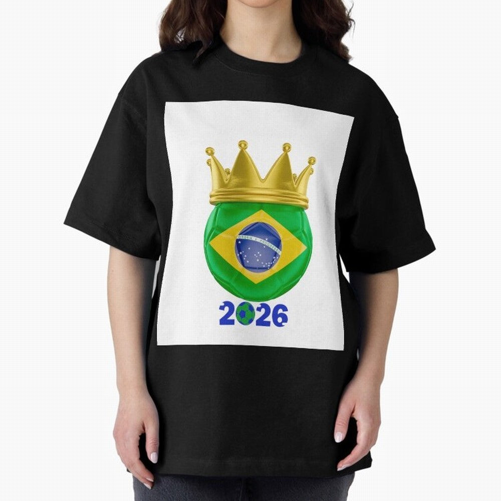 Brazil Football Champion Crown 2026 Oversized T-Shirt Join the Countdown to Match Day Hype around FIFA World Cup 2026, CR7, Spain, Supporter Pride, Iconic Celebrations, Legendary Names and Global Match Day Energy; Perfect for Fans, Collectors,