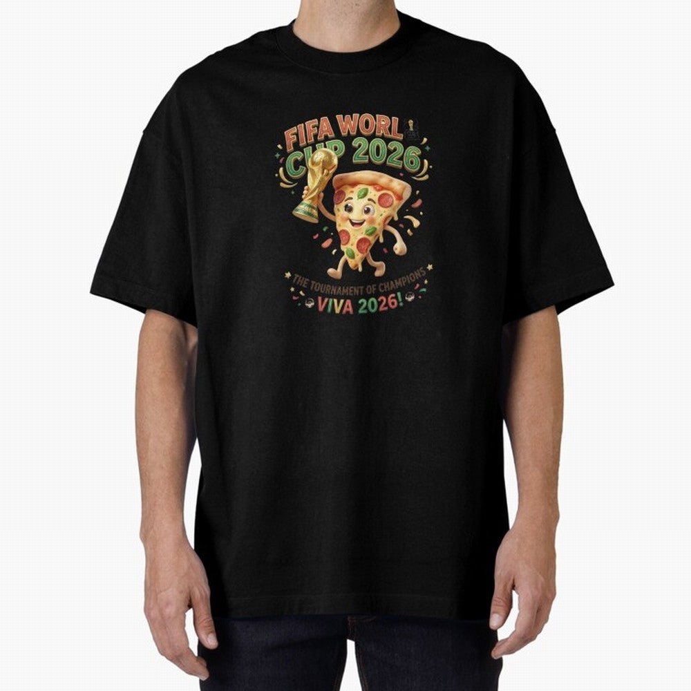 Happy Pizza Character Holding World Cup 2026 Trophy Oversized T-Shirt Remember Iconic Moments from FIFA World Cup 2026 Group Stage Spirit, Capturing France, Mbappe and Neymar, Soccer Culture, Superstar Moments, National Team Dreams and Competitive