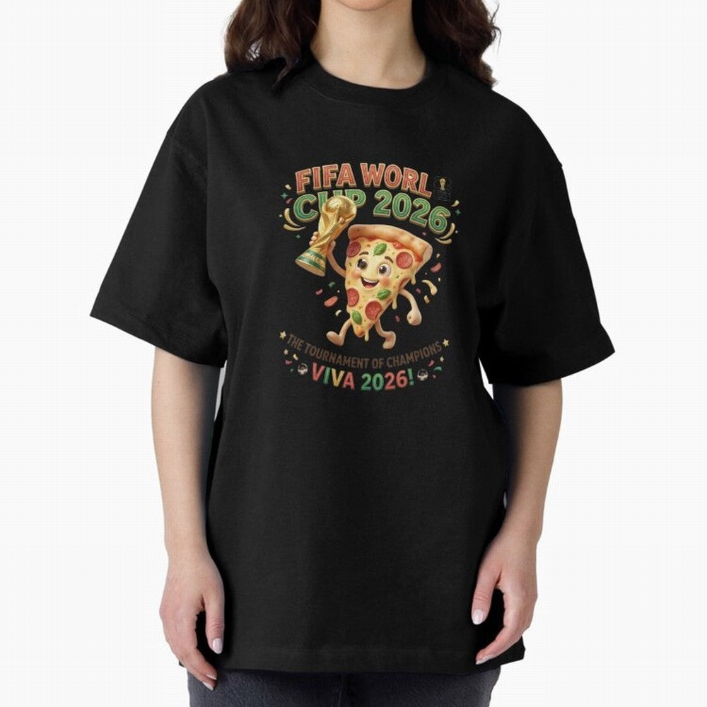Happy Pizza Character Holding World Cup 2026 Trophy Oversized T-Shirt Remember Iconic Moments from FIFA World Cup 2026 Group Stage Spirit, Capturing France, Mbappe and Neymar, Soccer Culture, Superstar Moments, National Team Dreams and Competitive