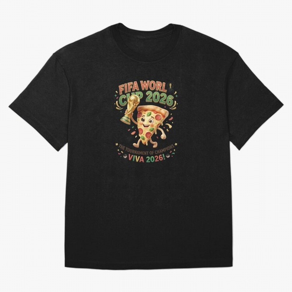 Happy Pizza Character Holding World Cup 2026 Trophy Oversized T-Shirt Remember Iconic Moments from FIFA World Cup 2026 Group Stage Spirit, Capturing France, Mbappe and Neymar, Soccer Culture, Superstar Moments, National Team Dreams and Competitive
