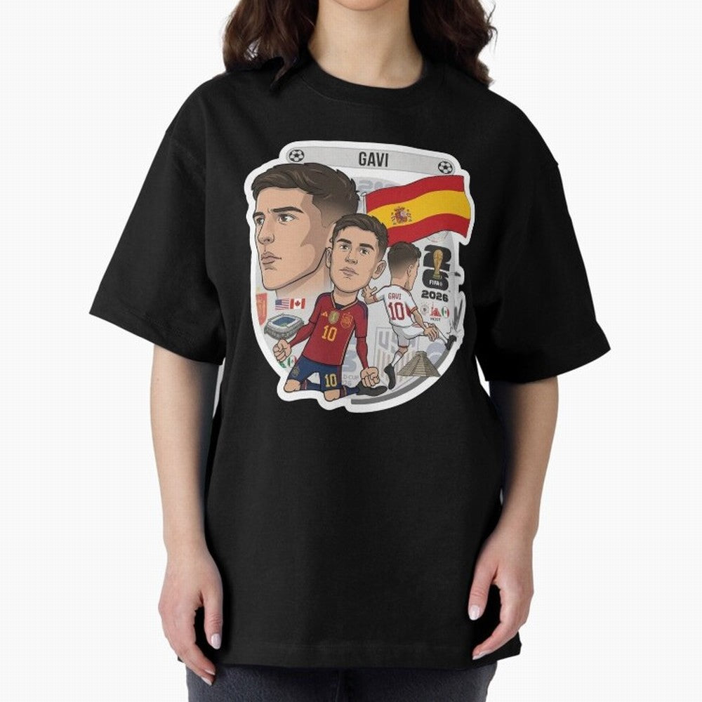 Gavi Spain National Team Football Cartoon Illustration Oversized T-Shirt Fuel the Hype around Match Day Hype around FIFA World Cup 2026, Neymar, Argentina, Match Day Excitement, Supporter Culture, Golden Goals and Global Football Passion; Perfect
