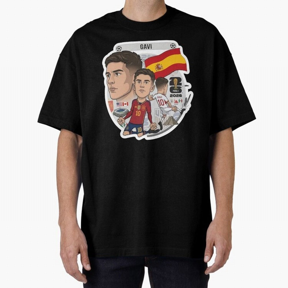 Gavi Spain National Team Football Cartoon Illustration Oversized T-Shirt Fuel the Hype around Match Day Hype around FIFA World Cup 2026, Neymar, Argentina, Match Day Excitement, Supporter Culture, Golden Goals and Global Football Passion; Perfect